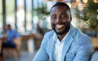 Obraz premium Work portrait of happy poc black man wearing light blue suit