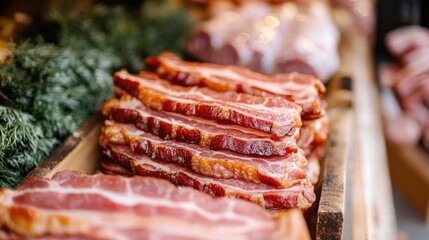 Smoked bacon displayed at a market close up of the red meat