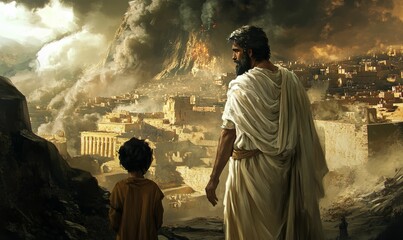 Two figures watch a city engulfed in flames.