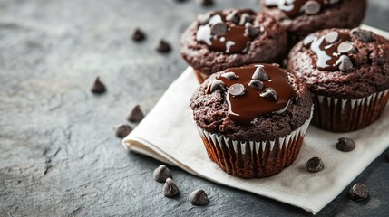 Double chocolate muffins with melted chocolate in the center, served on a white napkin, isolated on a gray stone surface, with chocolate chips scattered around