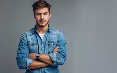 Fototapeta premium Young handsome business man dressed in casual denim copy space