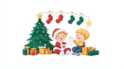 Naklejka premium Two cheerful children celebrating Christmas near a decorated tree with gifts, stockings, and a joyful atmosphere.