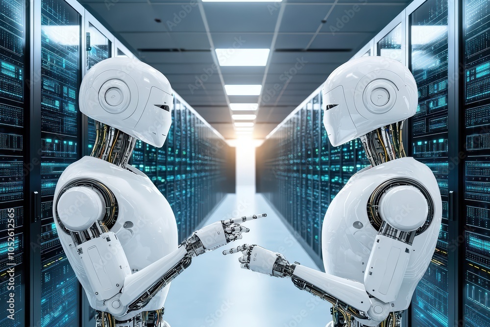 Poster two robots interacting in a modern data center with servers in the background.