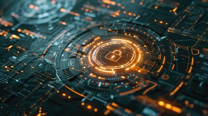 Futuristic cybersecurity interface with digital lock and network circuit design