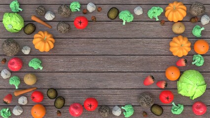 Obraz premium many kinds of organic vegetables and fruits on the wooden board as created by 3D modeling objects and materials.