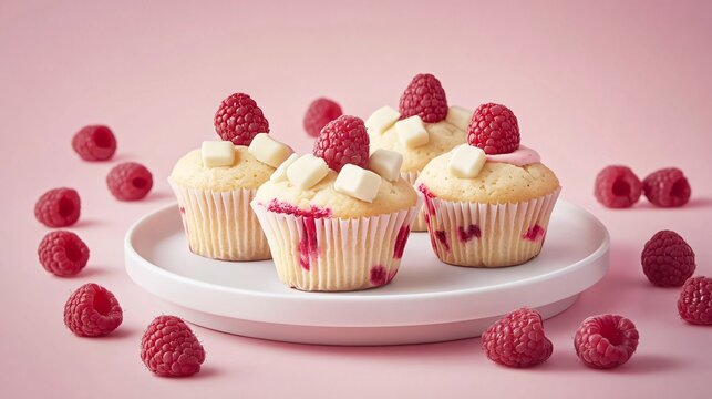 Raspberry white chocolate muffins, placed on a white ceramic plate, isolated on a pink background, with fresh raspberries and white chocolate chunks