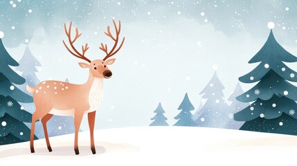 A charming deer standing in a snowy landscape with pine trees and a soft blue sky.