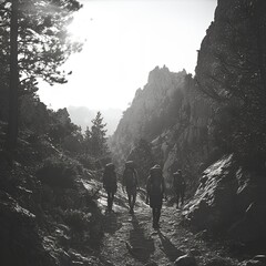 a black and white photo of people on a hike enjoying everthing