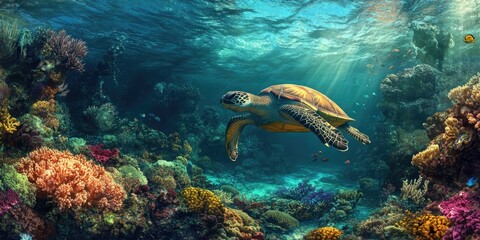 Fototapeta premium Colorful Underwater Paradise: Majestic Coral Reef and Turtle Scene