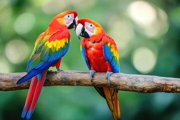 Fototapeta premium Pair of Scarlet Macaws Perched on Tree Branch in Lush Tropical Jungle