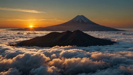 Sunrise above clouds with a volcano in view.