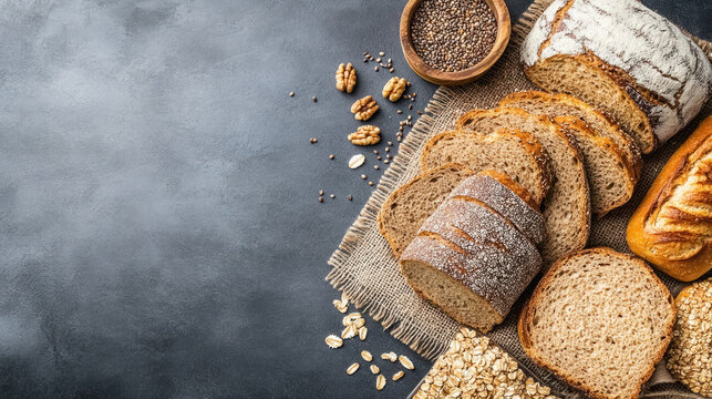  assorted whole grain bread with seeds and nuts on a dark stone background