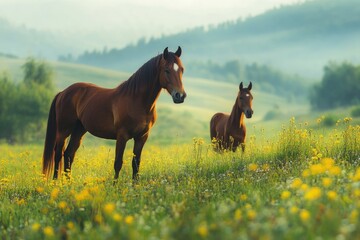 Vibrant Horse Duo in Lush Green Pasture with Sunny Yellow Flowers