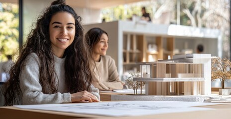 Two women working collaboratively in a modern architecture office with a focus on detailed model planning and design discussions