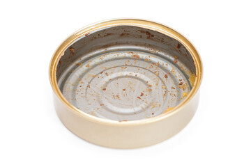 Opened Empty Tin Can Isolated on White Background. Dirty Used Aluminum Can - Isolation. Non-Degradable Inorganic Waste