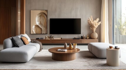 Creative composition of living room interior with design gray sofa, wooden coffee table, stylish carpet, beige side table, pillows, personal accessories and big TV home decor template