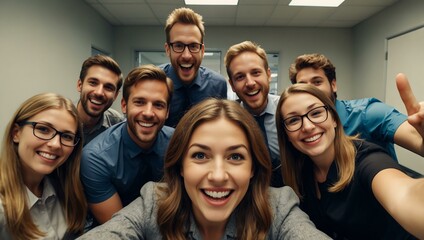 Obraz premium Team-building selfie of happy office workers.