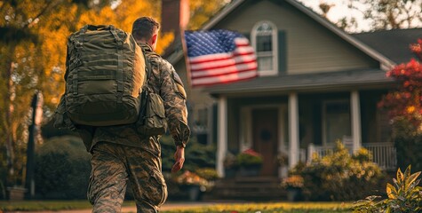 Soldier returning home with duffel bags, walking towards a house with an American flag in the foreground, symbolizing reunion and patriotism