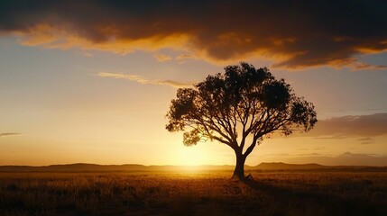 Obraz premium A solitary tree stands amidst a field as the sun descends and clouds scatter across the sky