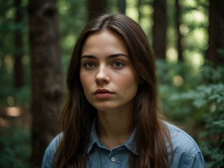Obraz premium Thoughtful young woman in a forest with a gentle expression.