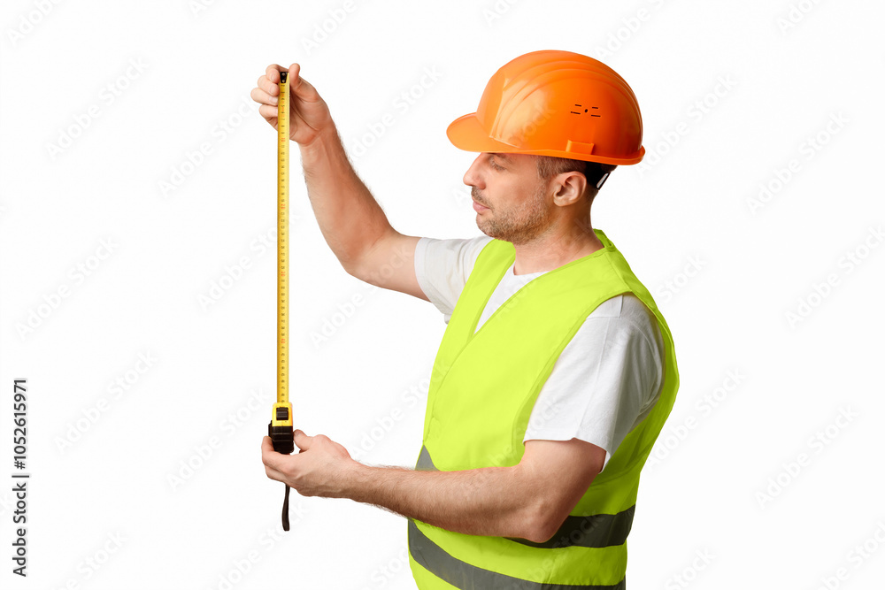 Aufkleber Building Engineer Worker Holding Tape-Measure Posing Standing Over White Background In Studio. Construction Regulations Concept.