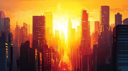 Fototapeta premium Vibrant Sunrise Over City Skyline with Skyscrapers