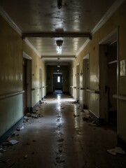 Twisted corridor of an old mental hospital, filled with tension.
