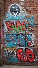 Vibrant graffiti on rough brick wall urban backdrop