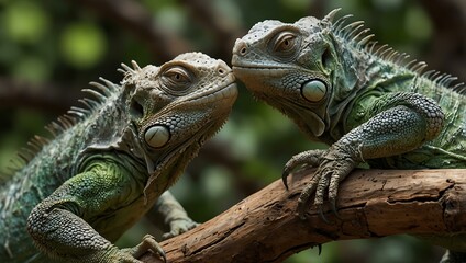 Obraz premium Two iguanas kissing on a branch, celebrating love.