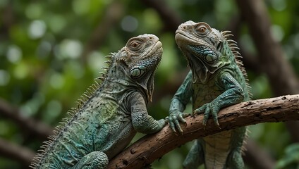 Obraz premium Two iguanas kissing on a branch, celebrating love.