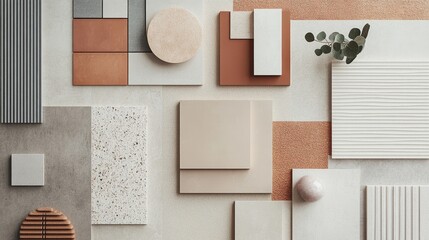 Creative flat lay composition with textile and paint samples, panels, and cement tiles. Stylish interior designer moodboard in light beige and gray color palette. Copy space template