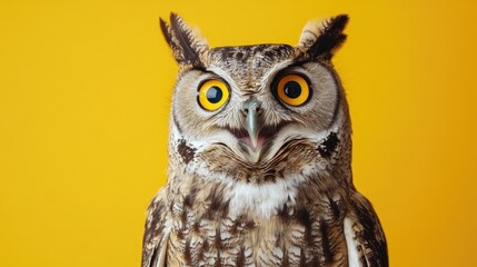 Obraz premium Surprised owl in a studio portrait set against a vibrant yellow background