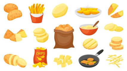 Cartoon potato. Fresh potatoes and food. Slices chips fried mashed potato. Agriculture farm market vegetables. Popular meals neoteric vector set