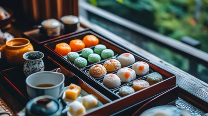 Traditional Sweets Display on a Wooden Table