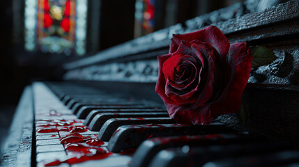 Haunting melodies a rose on the piano amidst blood-red petals in a darkened space