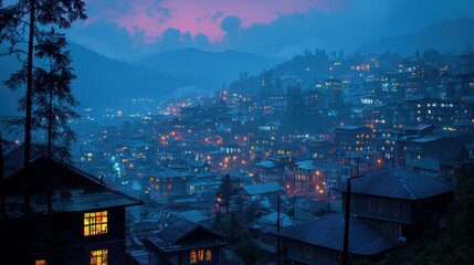 Obraz premium Nighttime city lights in foggy valley
