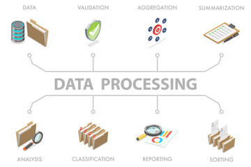 3D Isometric Flat  Illustration of Data Processing, Statistics and Analytics