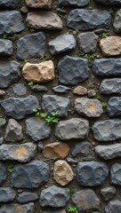 Rugged fieldstone wall with rough surfaces and green plants peeking through cracks