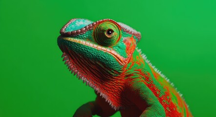 Fototapeta premium Colorful Chameleon in Tropical Habitat, Close-up View on Tree Branch