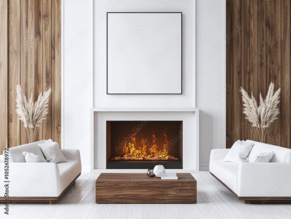 Wall mural contemporary living room with fireplace