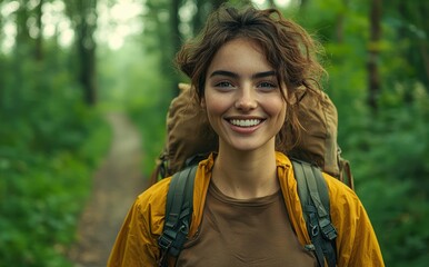 Fototapeta premium Portrait of a smiling woman with curly hair wearing a yellow jacket, enjoying a refreshing outdoor walk among lush greenery, exuding warmth and happiness