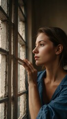 Fototapeta premium Woman holding bars while looking out a window.