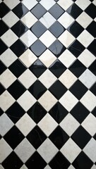 Modern black and white checkered tile floor with glossy finish