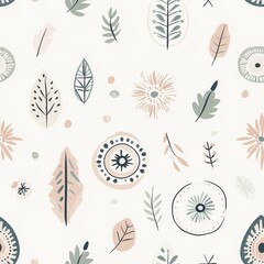 Fototapeta premium A delicate, pastel-patterned design featuring leaves, floral elements, and geometric shapes on a light background, creating a fresh, natural aesthetic.