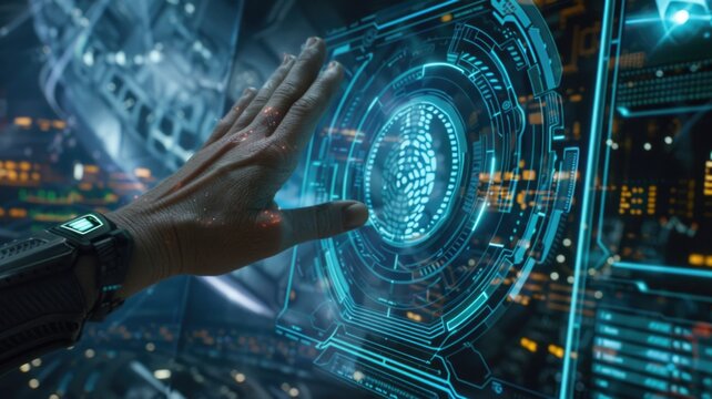 Futuristic interface interaction with holographic technology for sci-fi and innovation concepts - Powered by Adobe