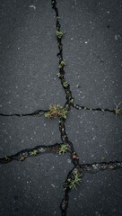 Obraz premium Cracked asphalt road with weeds urban grit