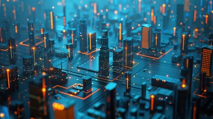 Futuristic cityscape in blue and orange hues with a digital grid overlay, illustrating AI-driven infrastructure, connectivity, and data flow in a high-tech urban environment
