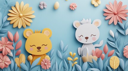 Fototapeta premium Creative baby shower invitation featuring adorable animal illustrations, soft pastel colors, and charming fonts, evoking warmth and joy.
