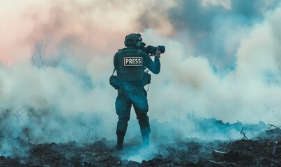 Press photographer in smoky battlefield.