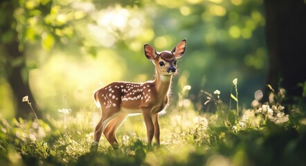 Fototapeta premium Adorable Fawn Explores Green Meadow on Sunny Summer Day